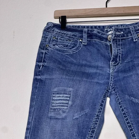 Y2K Amethyst Denim Jean Pant Women 11 Low Rise Slim Straight Fit Punk Distressed - Picture 11 of 15